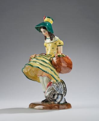 Antonio Zen (Nove, Italy, 1871-1944), a ceramic figure: a girl with flower baskets and a turkey, Antonio Zen & Figlio Ceramiche, Nove/Bassano del Grappa, c. 1940 - Secese a umění 20. století