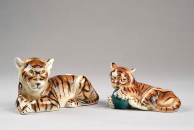 Franz Barwig the Younger, a tiger cub with a ball, lying on one side, model number 1420 and a tiger cub, model number 1267, Keramos, Vienna, as of c. 1950 - Secese a umění 20. století