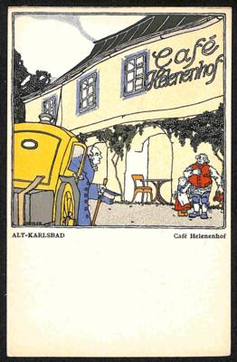 Poststück - Wiener Werkstätte WW Karte Nr. 214 - Künstler Leopold Drexler: "Alt - Karlsbad: Cafe Helenenhof", - Briefmarken und Ansichtskarten