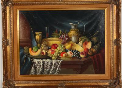 Künstler 2. Hälfte 20. Jh. Stilleben mit Früchten Öl auf Sperrholzplatte, - Antiques and art