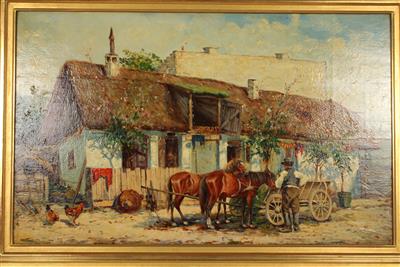Künstler 1. Hälfte 20. Jh. Bauernhaus mit Pferdefuhrwerk Öl auf Leinen, - Antiques and art
