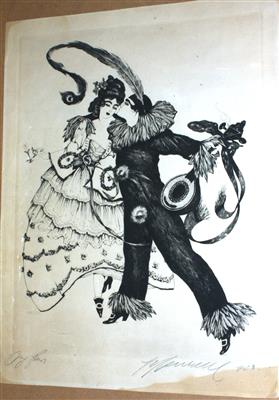 Künstler Anfang 20. Jh. Tanzendes Paar "Pierrot und Columbine" Radierung signiert Henschl 923, - Kunst, Antiquitäten und Möbel