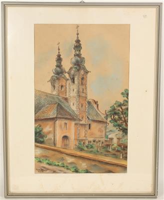 Künstler Mitte 20. Jh. Ansicht der Wahlfahrtskirche Maria Rain in Kärnten, - Antiques and art