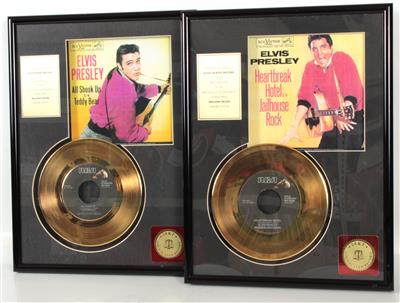 2 Goldene Schallplatten Elvis Presley All Shook up und Heartbreak Hotel, - Elvis Presley Oggetti commemorativi (dischi, letteratura, oggetti da collezione)