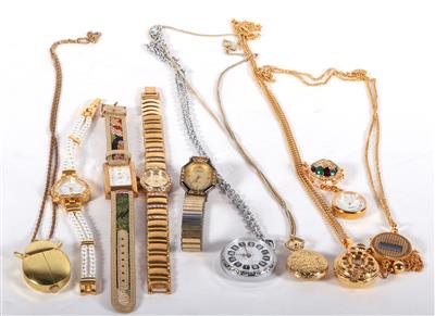 4 Damenarmbanduhren, 1 Broschenuhr, 5 Anhängeruhren 5 Halsketten - Kunst, Antiquitäten und Möbel