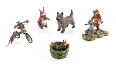 1 Hund, Mäuse mit Fahrrad, Katze und Maus und Hase mit kleinem in Korb - Kunst, Antiquitäten und Möbel