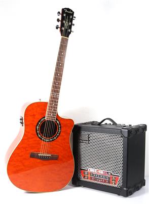 Westerngitarre Fender mit Verstärker und Handmikrofon - Kunst, Antiquitäten, Möbel und Technik