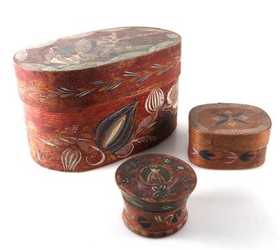 Konvolut aus 3 versch. volkstümlichen Holzbehältnissen aus der 1. Hälfte des 19. Jh. - Kunst, Antiquitäten, Möbel und Technik