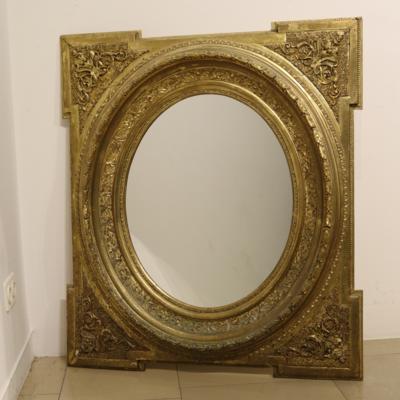 Ovaler Wandspiegel in rechteckigem, goldfarben gefasstem Stuckrahmen - Art, antiques, furniture and technology