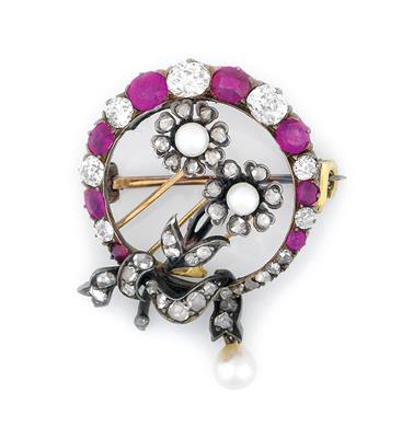 Rubin Diamant Blütenbrosche - Schmuck und Uhren