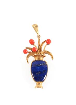 (Beh.) Lapis Lazuli/Korallen Anhänger "Amphore mit Blumen" - Schmuck und Uhren