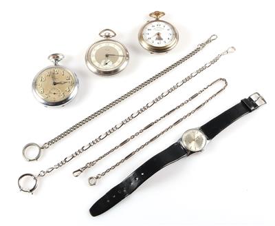 Konvolut 1 Armbanduhr, 3 Taschenuhren, 3 Uhrketten - Gioielli e orologi