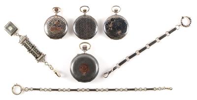 Konvolut aus 4 tulasilbernen Taschenuhren, 2 Uhrketten, 1 Chatelaine - Hodinky