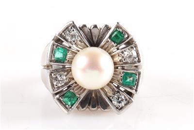 Brillant Smaragd Damenring mit Kulturperle - Jewellery and watches