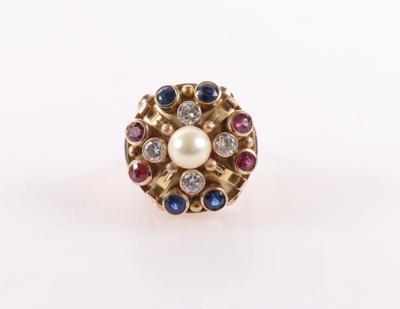 Brillant Farbstein Ring mit Kulturperle - Christmas Auction Jewellery and Watches