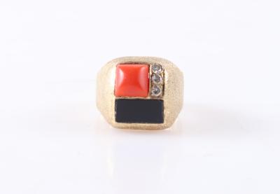 Brillant Onyx/Korallen Ring - Jewellery and watches