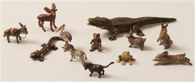 Krokodil, Feuersalamander, Storch, Frosch, Zebra, Hirsch, Bär, Stier, Esel, 3 Hasen, - Sommerauktion