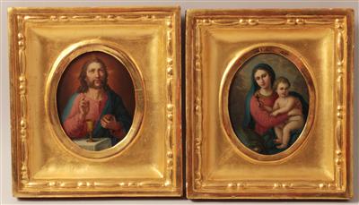 Zwei kleine Bilder Maria mit Jesusknaben und Christus, - Starožitnosti, Obrazy