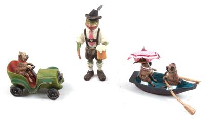 Mopspaar im Boot, Mops im Auto, Frosch in Tracht mit 1 Maß Bier, - Antiquitäten & Bilder <br>(Schwerpunkt: Aquarelle des 19. Jahrhunderts)