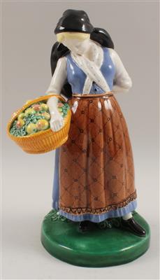 Bauernmädchen mit Apfelkorb, - Antiquitäten & Bilder