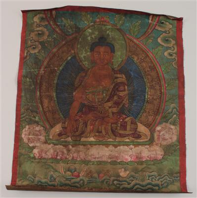 Nepal, Tibet: Ein Thangka-Rollbild mit sitzendem Buddha. - Letní aukce