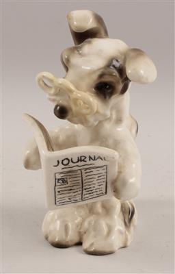 "Zeitungsleser"-sitzender Zeitung lesender Terrier mit Brille, - Letní aukce