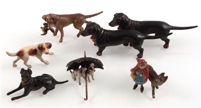 Dackelpaar, Hundepaar unter Schirm, Jagdhund mit erlegter Ente, 2 Hunde, Rotkäppchen mit Wolf, - Sommerauktion