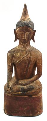 Laos: Buddha aus Holz, in der Geste der Erdberührung sitzend. - Sommerauktion