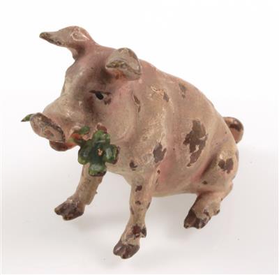 Sitzendes Schwein mit vierblättrigem Klee, - Antiquariato e Dipinti