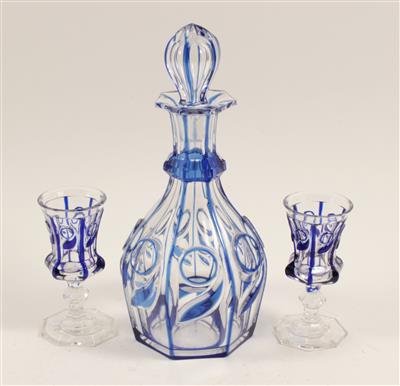 Schnapsflasche mit Stöpsel und 2 Gläser, - Antiques and Paintings