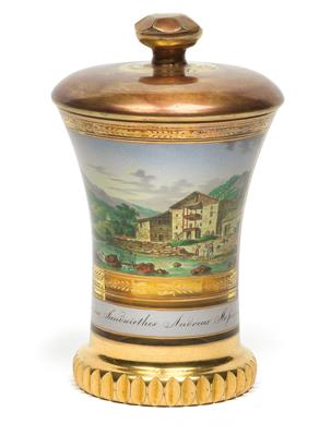 A Kothgasser ranft beaker with cover and inscription "Zum Andenken 1827", - Oggetti d'arte (mobili, sculture, Vetri e porcellane)