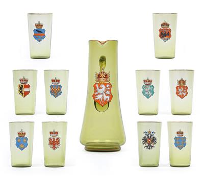 Krug und 10 Gläser mit verschiedenen Wappen, - Antiquitäten & Bilder