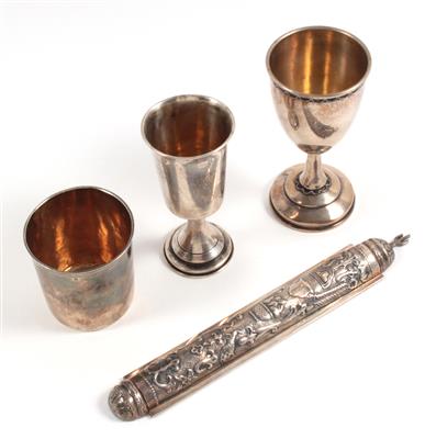 Judaica - 3 Becher, 1 Mesusa, - Antiques and Paintings