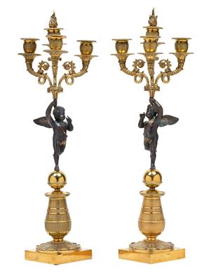 Pair of four-flame candelabra, - Works of Art (Furniture, Sculptures, Glass, Porcelain)