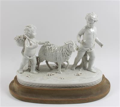 2 Kinder mit Schaf, - Saisonabschluß-Auktion Bilder Varia, Antiquitäten, Möbel, Teppiche und Design
