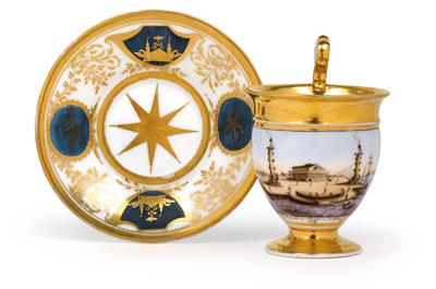 "Ansicht der Börse in St. Petersburg" Veduten-Tasse mit Untertasse, - Antiquitäten & Möbel