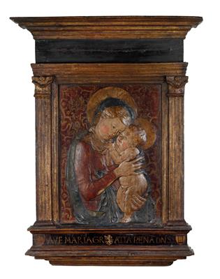 probably workshop of Desiderio da Settignano (1428-1464), Madonna and child, - Starožitnosti (Nábytek, Sochařská díla, Sklo, Porcelán)