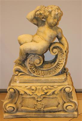 "Bacchant auf Volute sitzend",2- tlg. neuzeitl. Steinguss in barockem Charakter, - Saisonabschluß-Auktion Bilder, Möbel und Antiquitäten