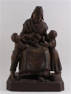 Strickende Großmutter mit ihren beiden Enkelkindern, - Starožitnosti, Obrazy