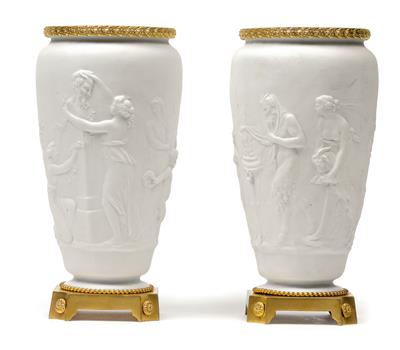 A pair of vases decorated with a Dionysian Feast, with gilt bronze mount, - Works of Art (Furniture, Sculptures, Glass, Porcelain)