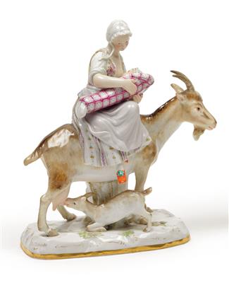 A figure of a tailor on a billy goat, the lady tailor on a goat, - Starožitnosti (Nábytek, Sochařská díla, Sklo, Porcelán)