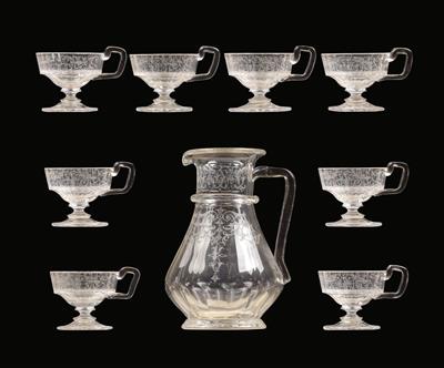 A Lobmeyr jug and eight punch glasses with handles, - Oggetti d'arte