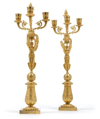 A pair of three-flame French candelabras, - Works of Art