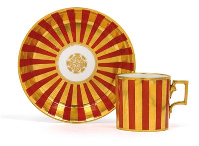 A cup and saucer with gilt and coral stripes, - Starožitnosti