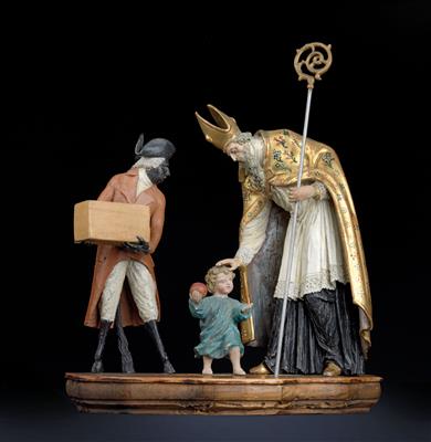 Hl. Nikolaus und Krampus beschenken ein braves Kind, - Antiquitäten