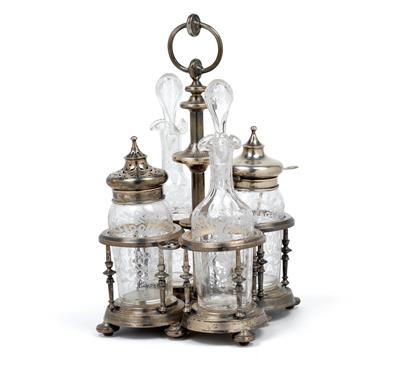 A cruet stand for vinegar and oil, mustard and sugar, - Works of Art