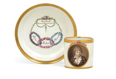 A cup decorated with a boy's portrait, and saucers with 4 names, - Starožitnosti