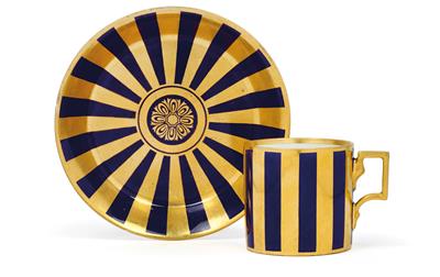 A cup and saucer with gilt and cobalt blue stripe pattern, - Starožitnosti