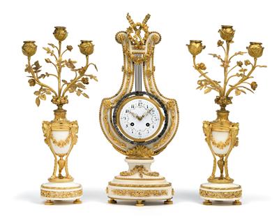 A Neo-Classical lyre mantel clock set - Furniture and works of art