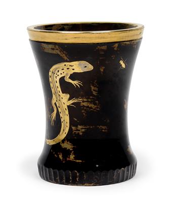 A stone beaker with gold-painted salamander and fly, - Furniture and works of art